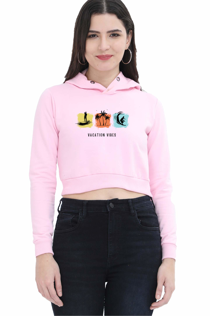 TrendzyKart Vacation Vibe Digital Print Women Crop Hoodies